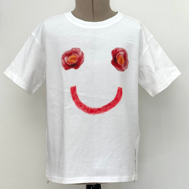 Ruby red smile-themed cultural T-shirt, pure white base, DTF printing + acrylic hand painting.