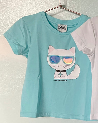 KARL LAGERFELD GIRLS CHOUPETTE GRAPHIC TEE SKY BLUE CAT PATTERN