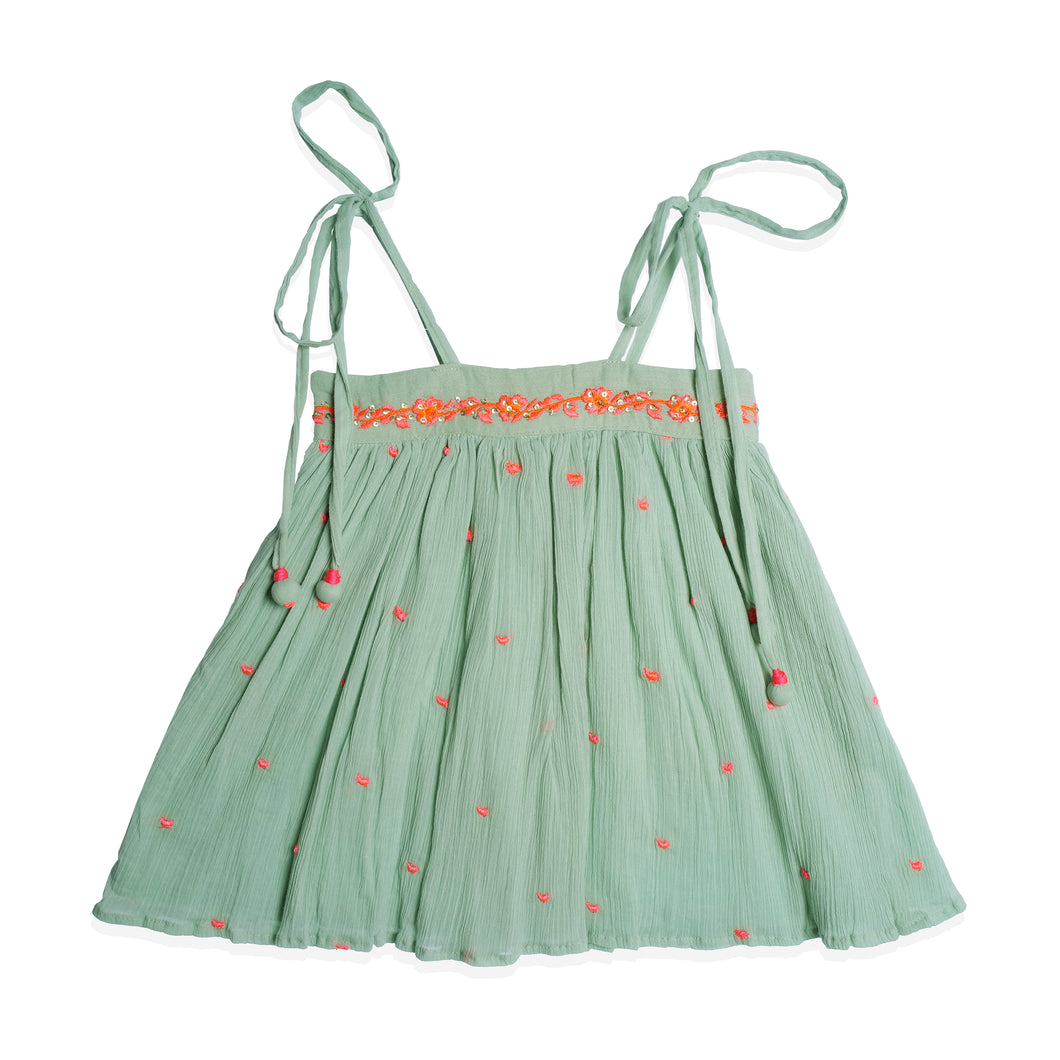 Embroidery Cotton Gauze Swing Top W/Shoulder Ties & Culottes Set