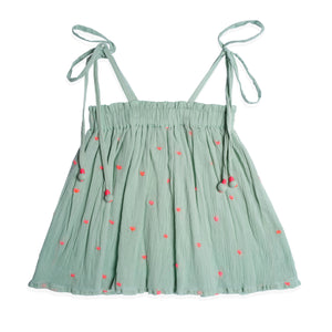 Embroidery Cotton Gauze Swing Top W/Shoulder Ties & Culottes Set