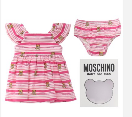 MOSCHINO BABY GIRL DRESS TEDDY BEAR LOGO ALLOVER WITH GIFT BOX