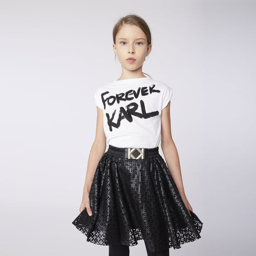 KARL LAGERFELD GIRLS LASER CUT FAUX LEATHER SKIRT K BUCKLE